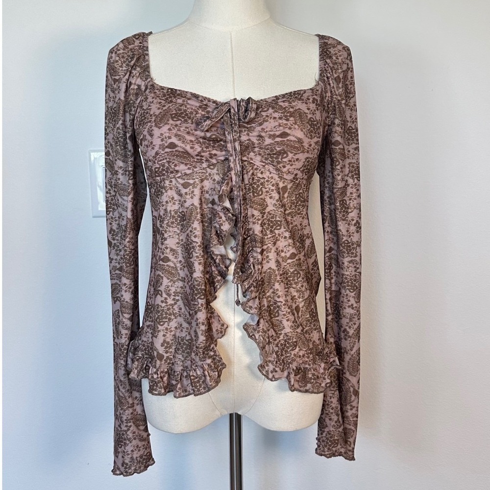 Madden Girl Y2K Fairycore Grunge Paisley Mesh Tie Front‎ Ruffle Women's Top M